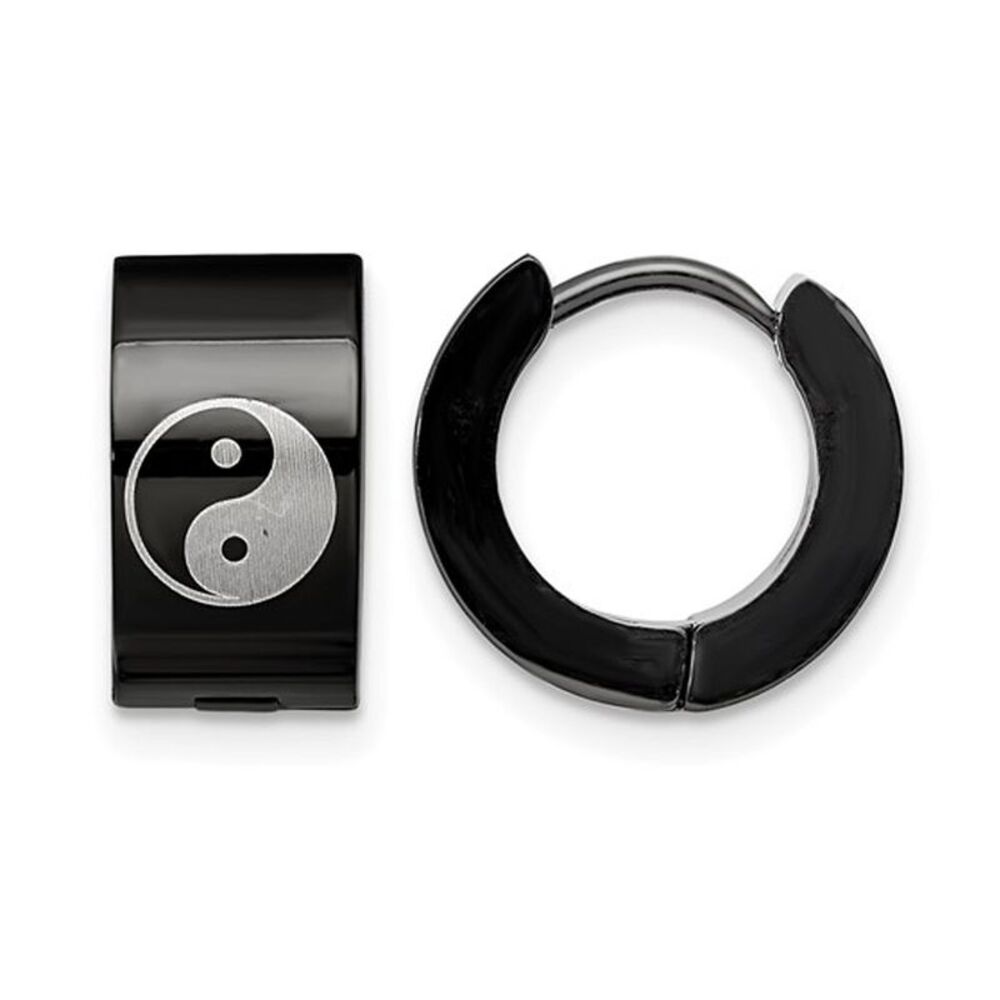 Black Plated Stainless Steel Polished Yin Yang Hoop Earrings